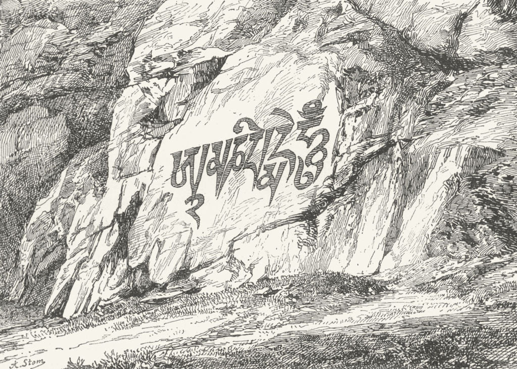 CHINA. Prayer inscribed, a Rock c1885 old antique vintage print picture